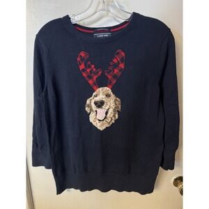 Women's Size M Lands' End Navy Supima Cotton Crewneck Animal Sweater 3/4 Sleeve